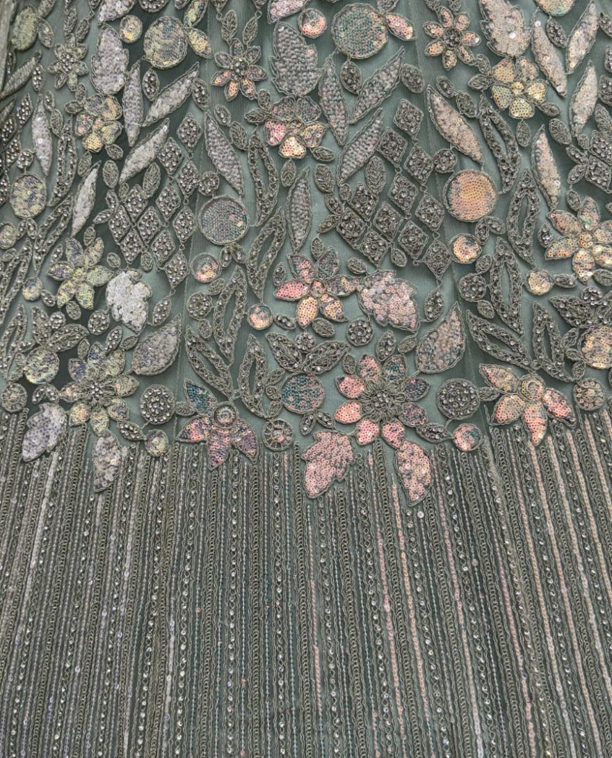 olivegreen - Eye-Catchy Olive Green Lehengacholi studded with zircon diamond and Full of Sequins work 