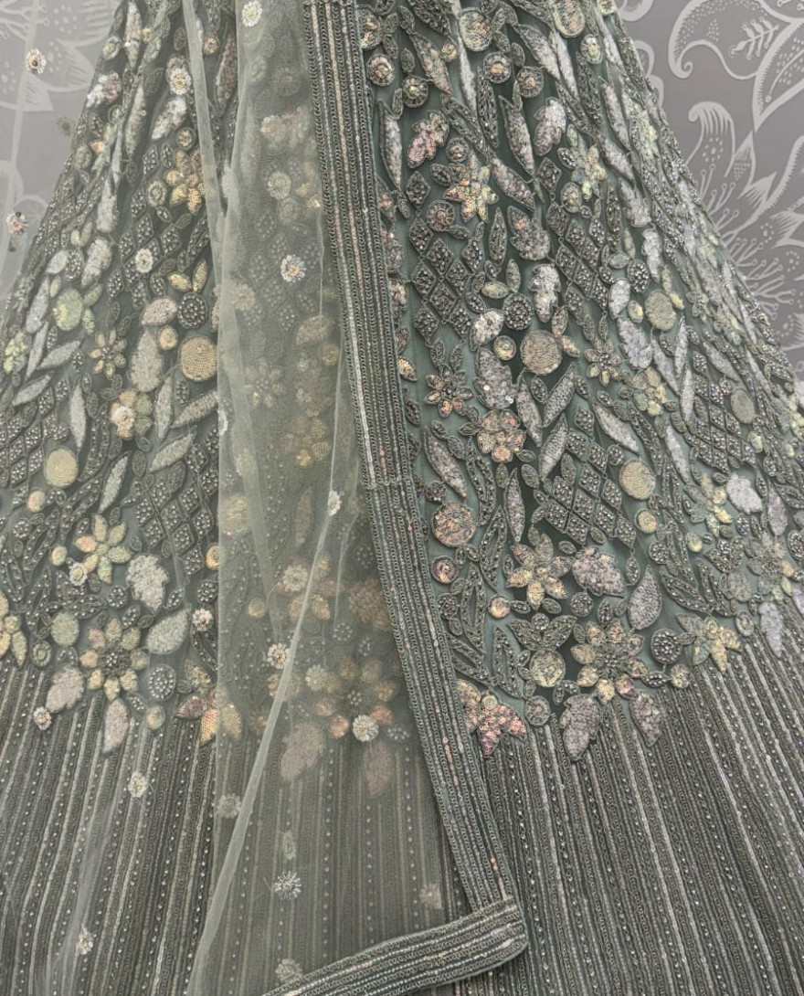 olivegreen - Eye-Catchy Olive Green Lehengacholi studded with zircon diamond and Full of Sequins work 