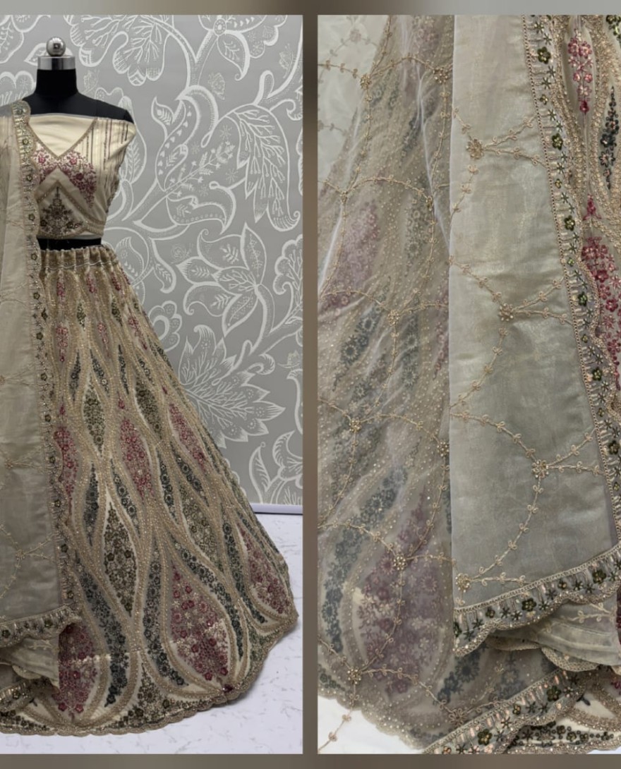 GOLDEN - Abstinent Golden Art of Work with Detailed Thread work Designer LehengaCholi perfect for reception wear