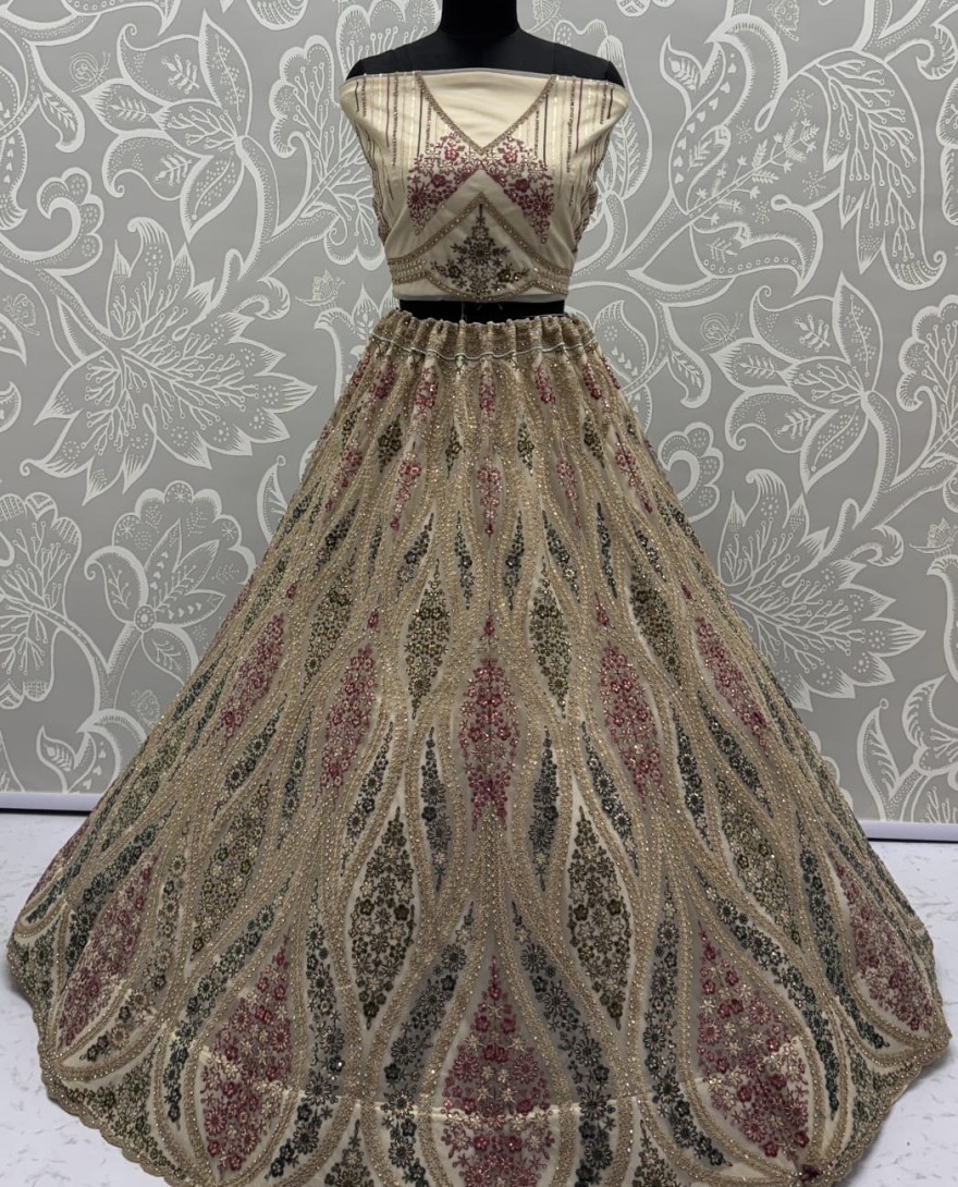 GOLDEN - Abstinent Golden Art of Work with Detailed Thread work Designer LehengaCholi perfect for reception wear