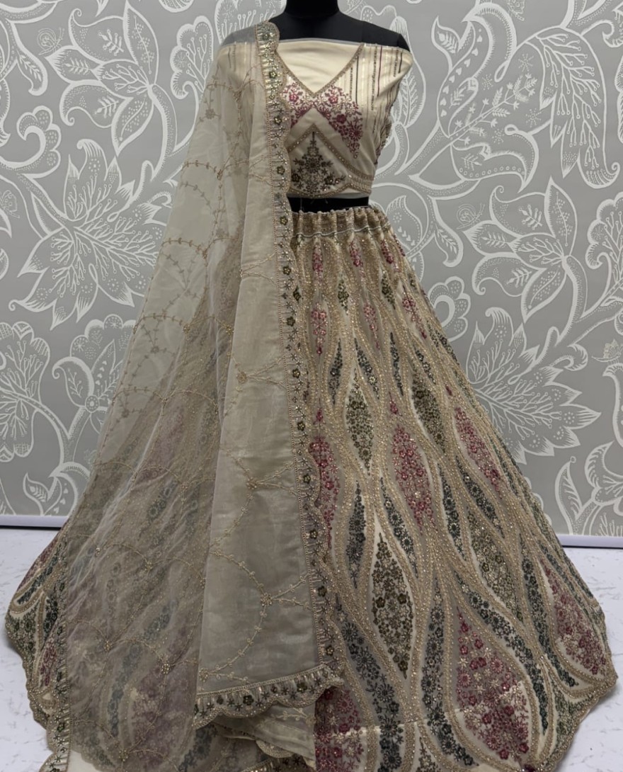 GOLDEN - Abstinent Golden Art of Work with Detailed Thread work Designer LehengaCholi perfect for reception wear