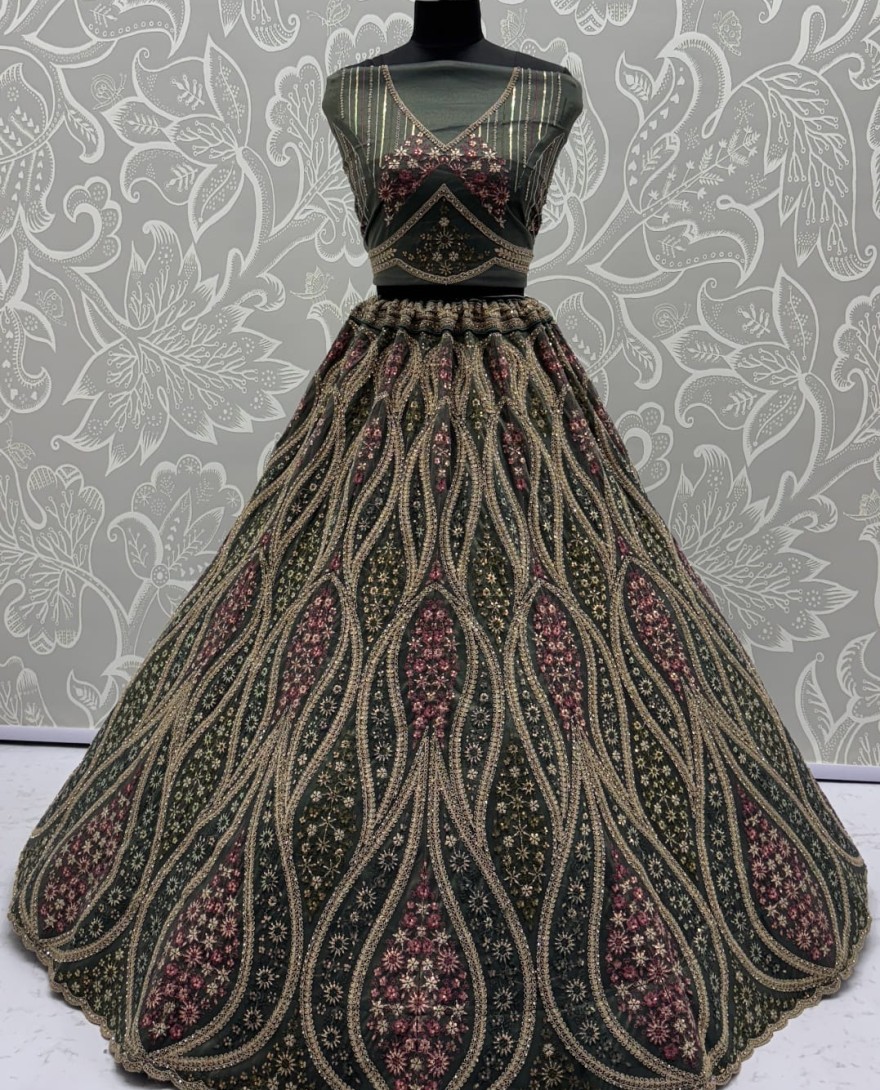 OLIVEGREEN - Abstinent Olive green Art of Work with Detailed Thread work Designer LehengaCholi perfect for reception wear