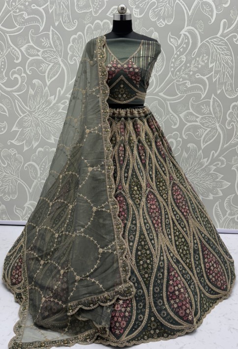 Abstinent Olive green Art of Work with Detailed Thread work Designer LehengaCholi perfect for reception wear