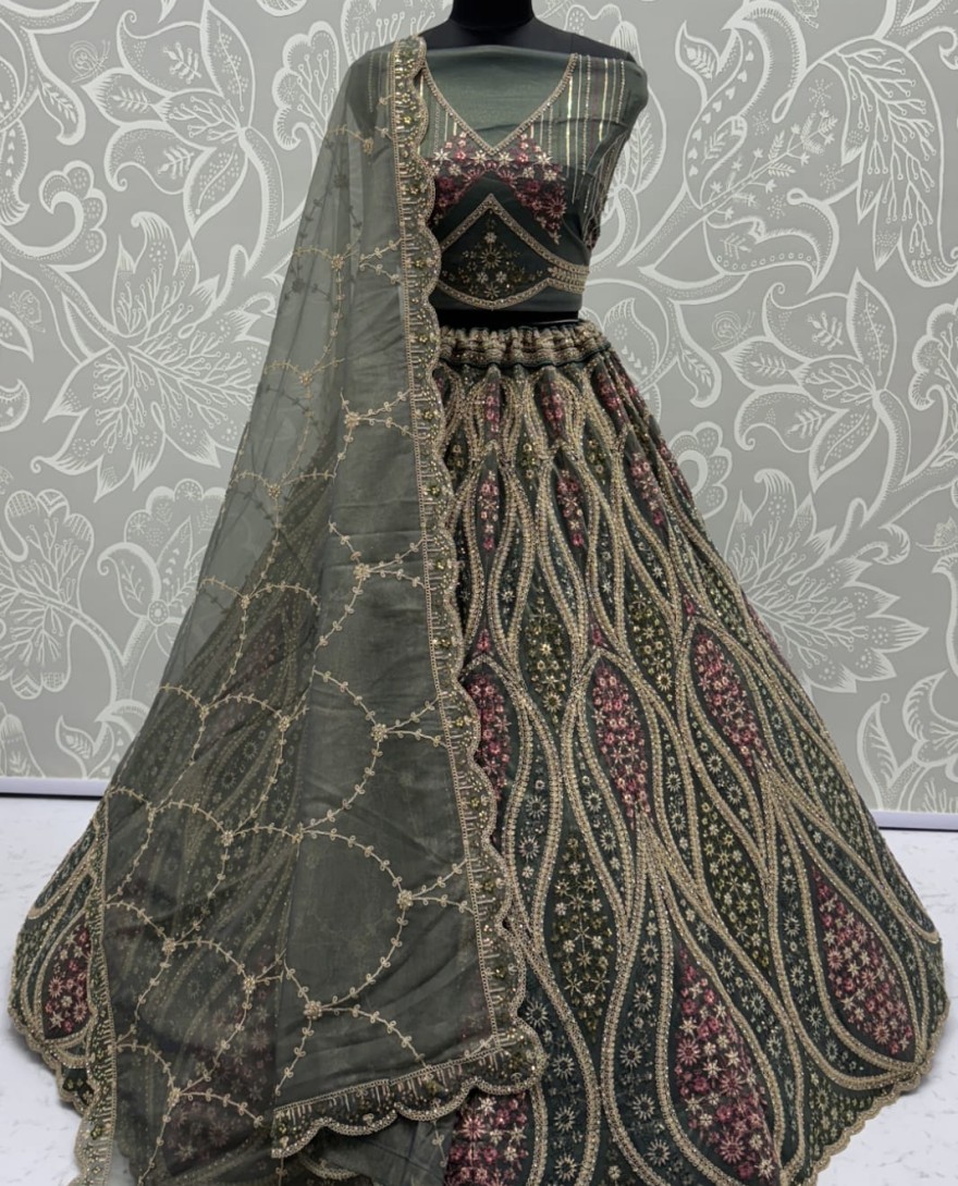 OLIVEGREEN - Abstinent Olive green Art of Work with Detailed Thread work Designer LehengaCholi perfect for reception wear