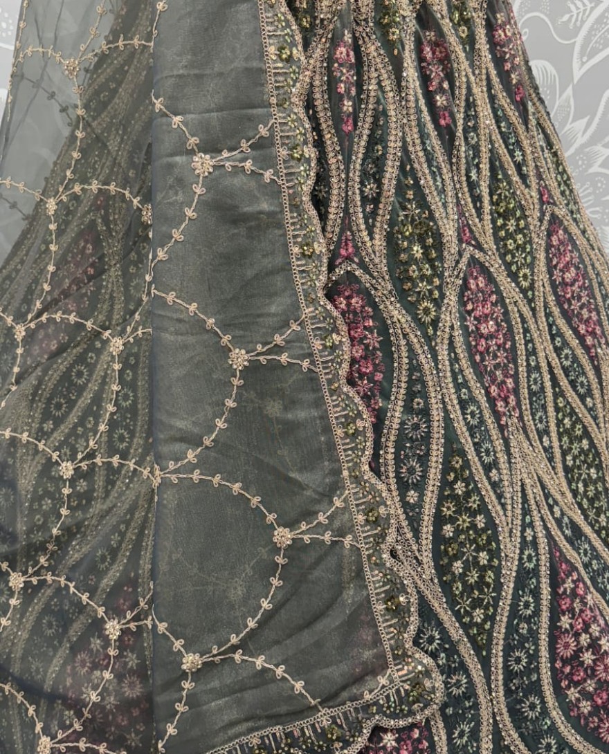 OLIVEGREEN - Abstinent Olive green Art of Work with Detailed Thread work Designer LehengaCholi perfect for reception wear