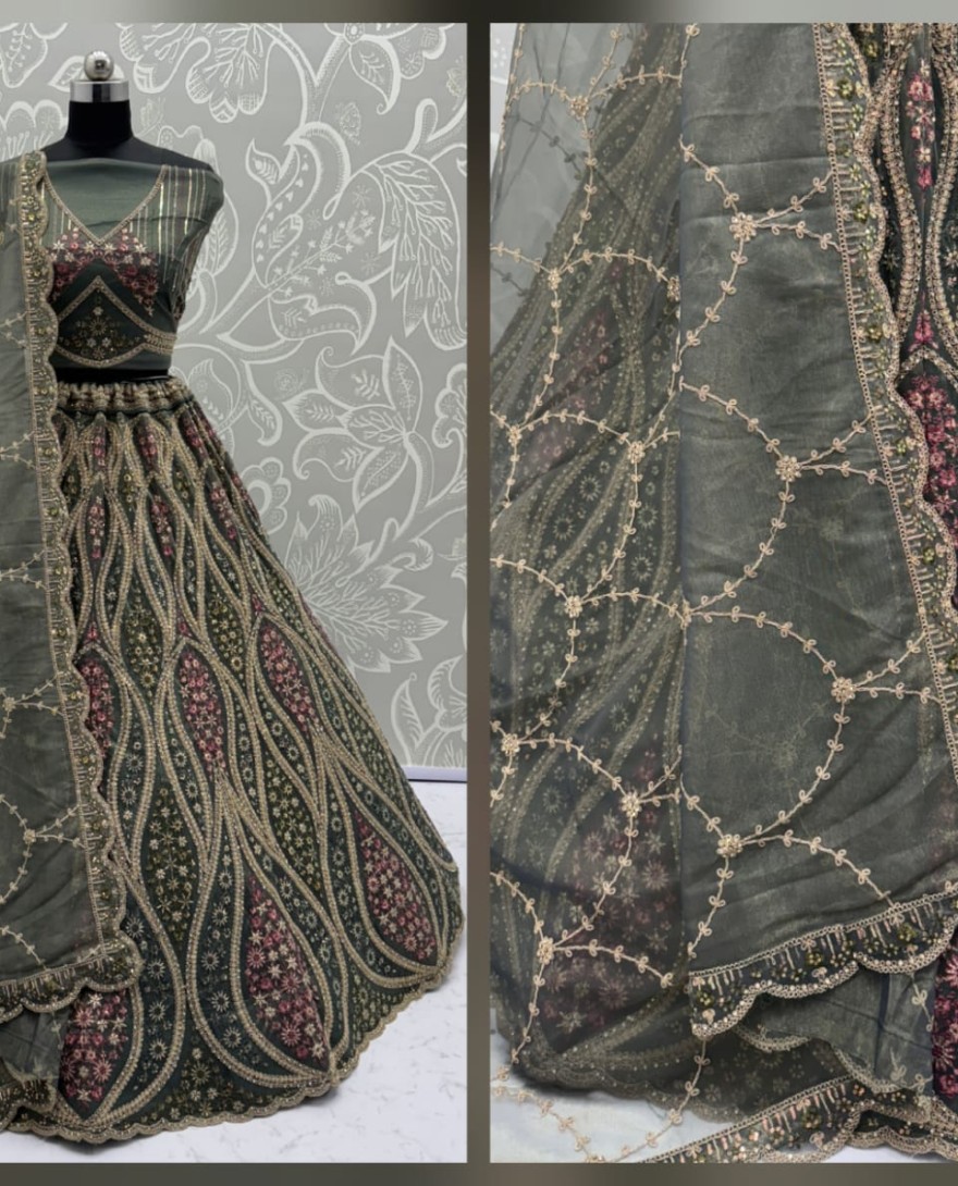 OLIVEGREEN - Abstinent Olive green Art of Work with Detailed Thread work Designer LehengaCholi perfect for reception wear