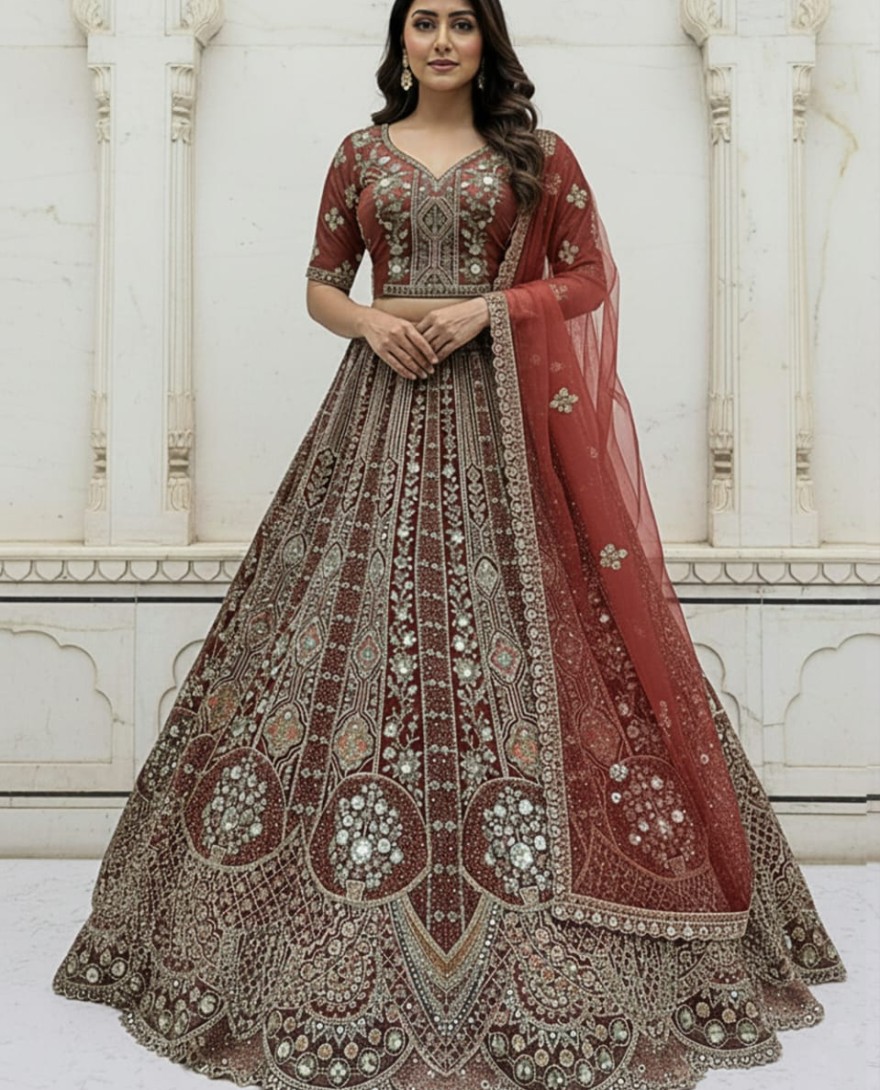 Orange - Metalic Silver Embroidery on Vibrant Color Designer Partywear Lehengacholi 