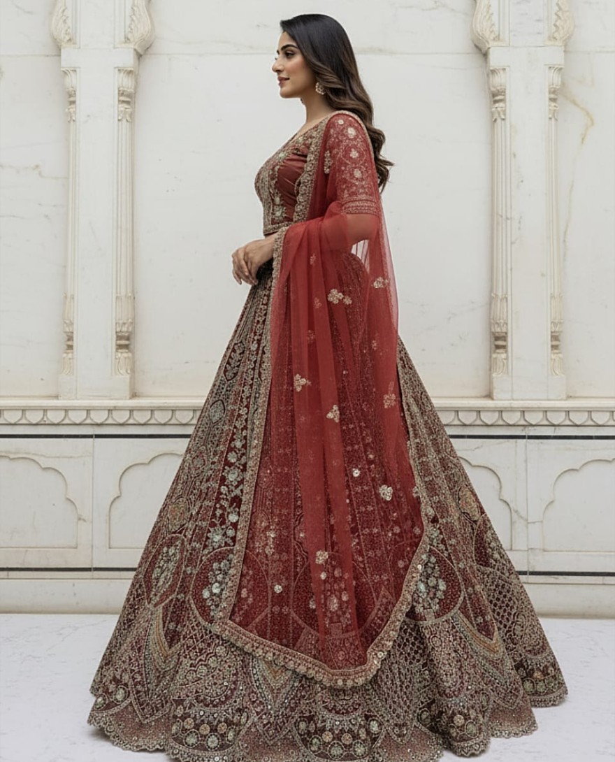 Orange - Metalic Silver Embroidery on Vibrant Color Designer Partywear Lehengacholi 