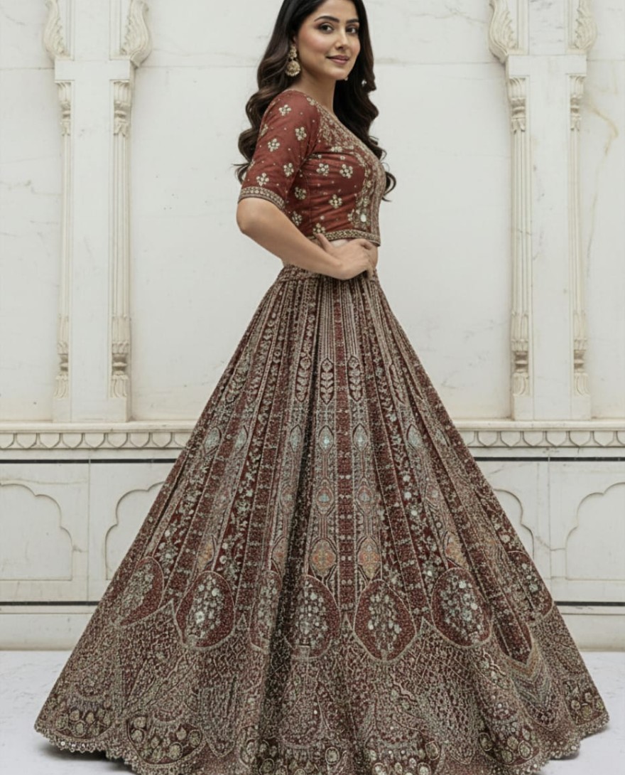 Orange - Metalic Silver Embroidery on Vibrant Color Designer Partywear Lehengacholi 