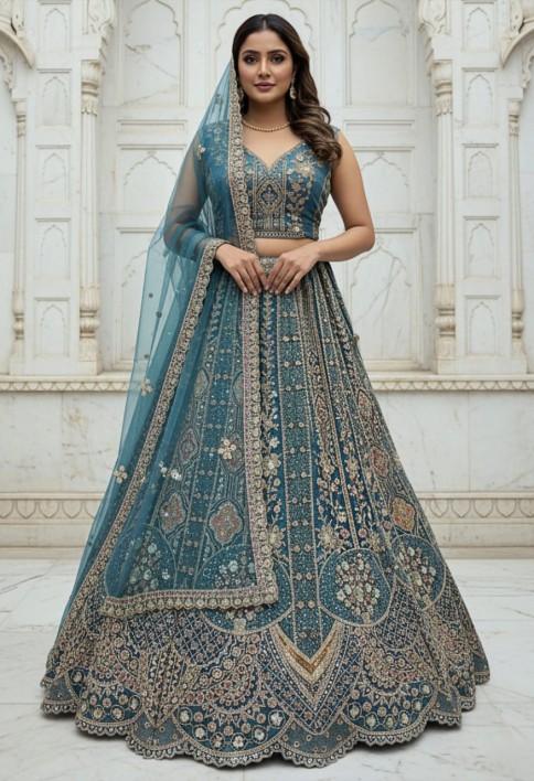 Metalic Blue Embroidery on Vibrant Color Designer Partywear Lehengacholi 