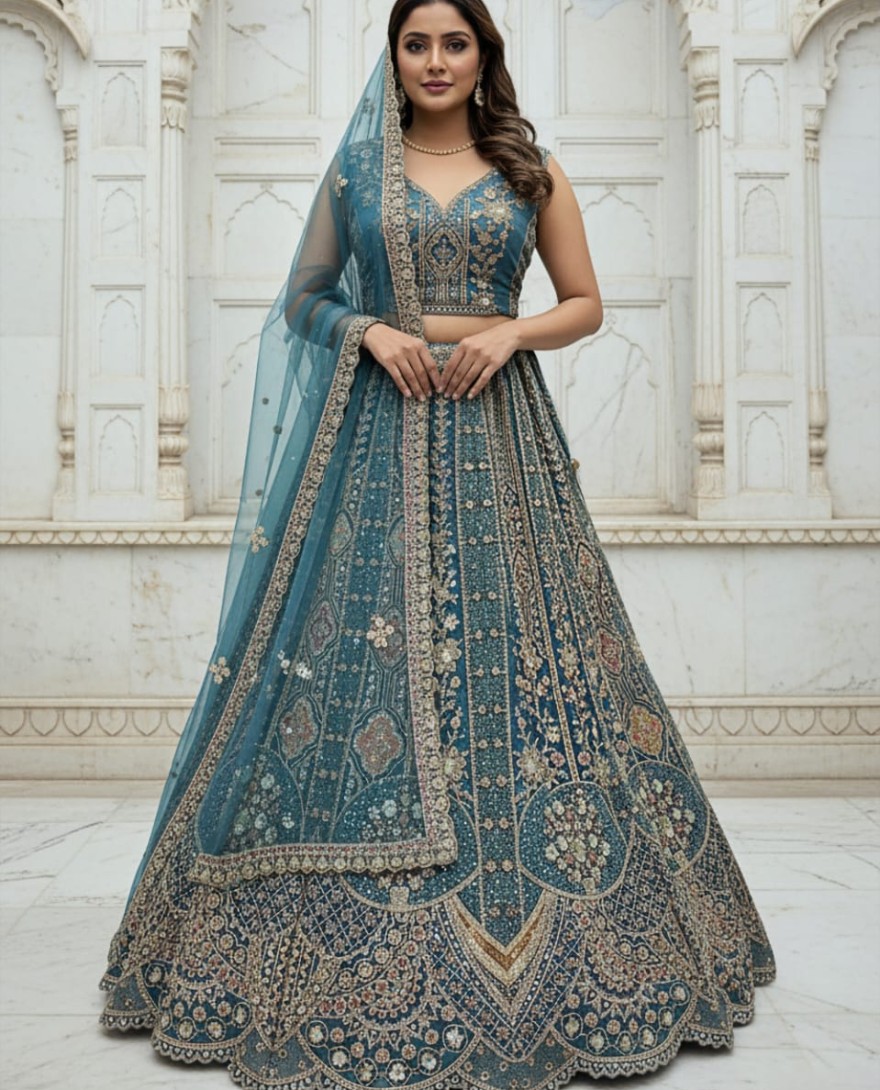Blue - Metalic Blue Embroidery on Vibrant Color Designer Partywear Lehengacholi 