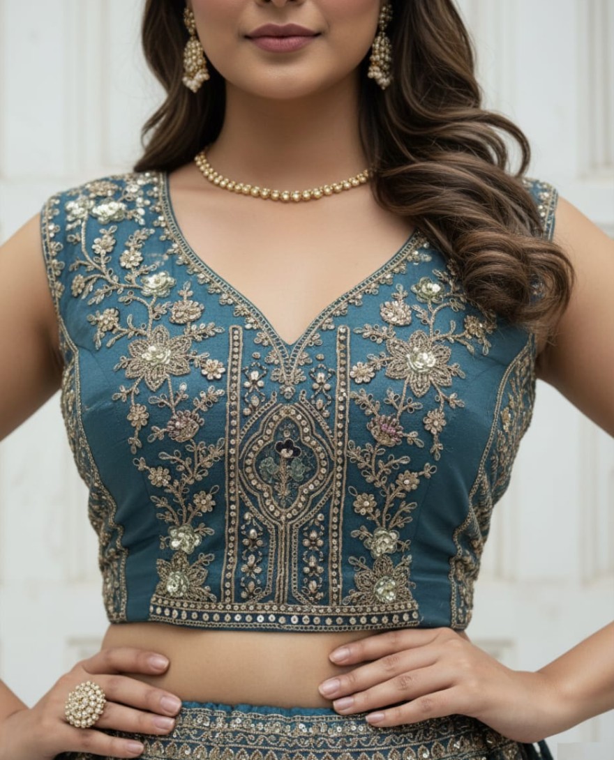 Blue - Metalic Blue Embroidery on Vibrant Color Designer Partywear Lehengacholi 