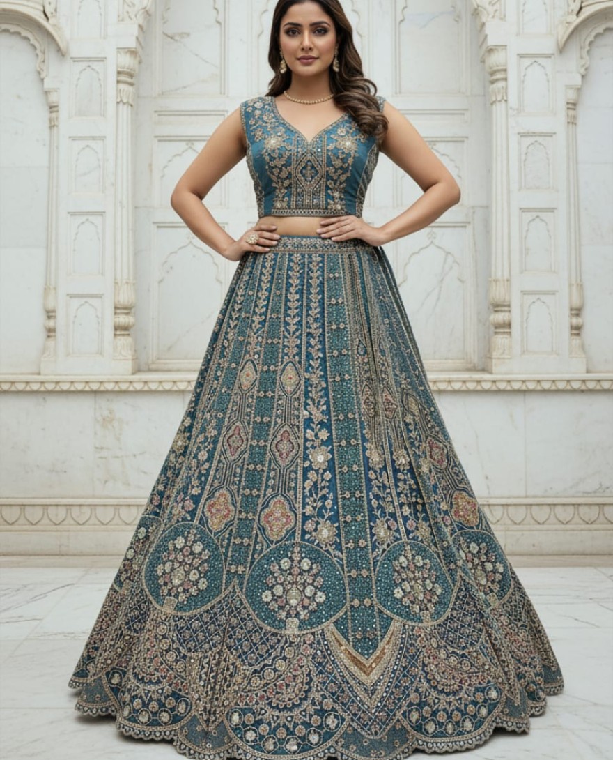 Blue - Metalic Blue Embroidery on Vibrant Color Designer Partywear Lehengacholi 
