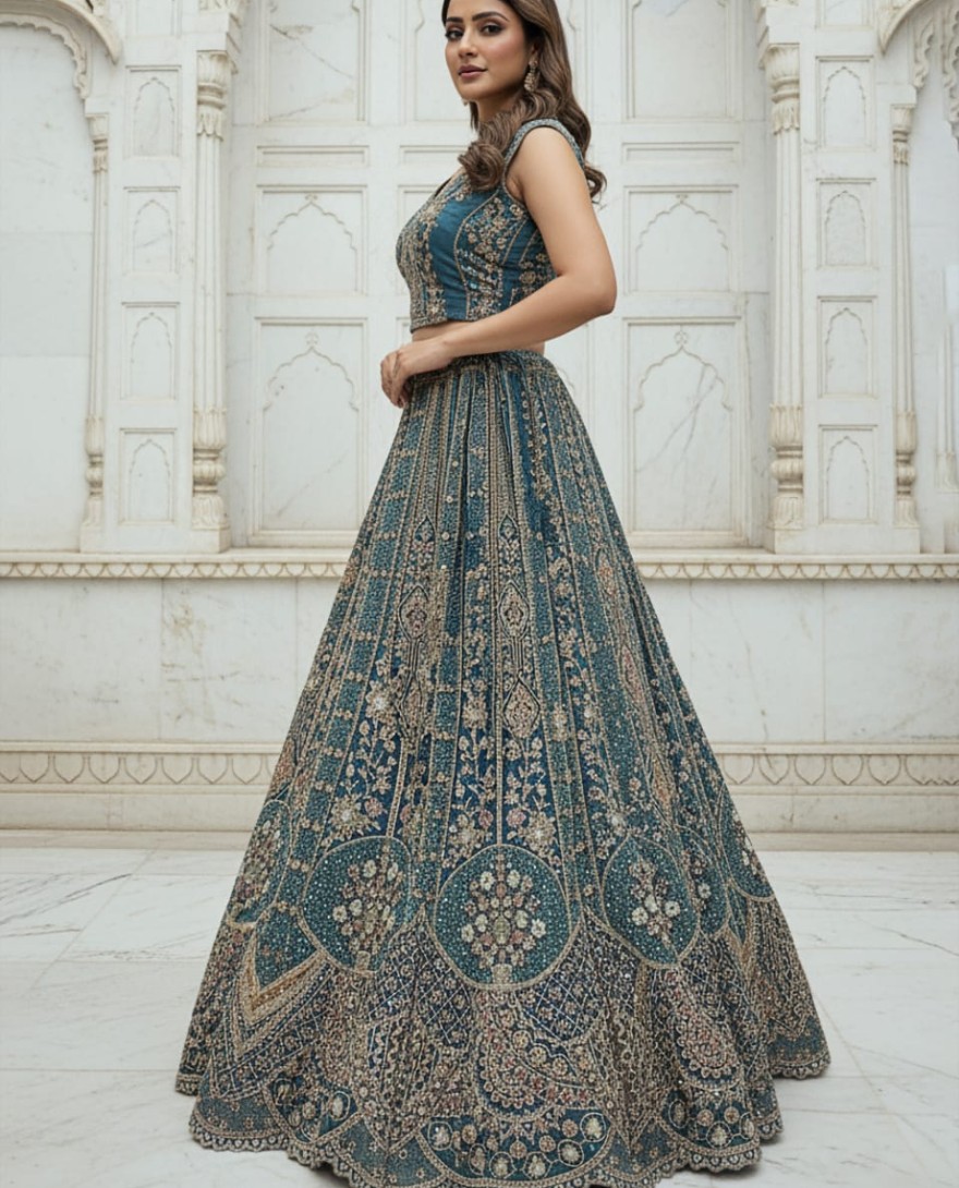 Blue - Metalic Blue Embroidery on Vibrant Color Designer Partywear Lehengacholi 