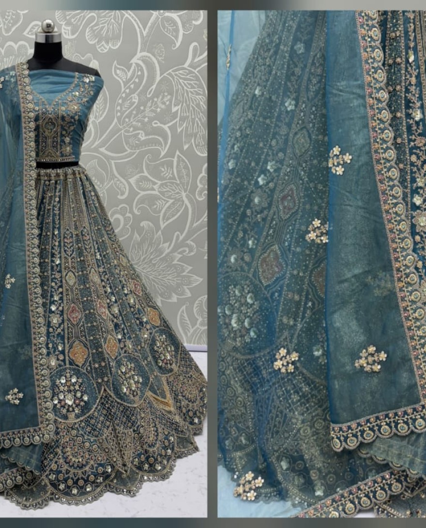 Blue - Metalic Blue Embroidery on Vibrant Color Designer Partywear Lehengacholi 