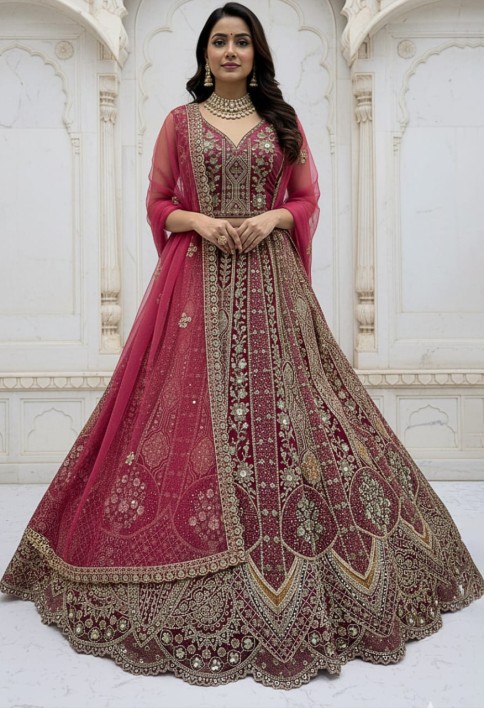 Metalic Pink Embroidery on Vibrant Color Designer Partywear Lehengacholi 