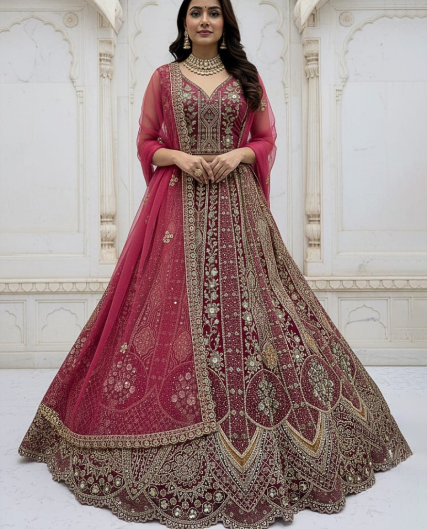 Pink - Metalic Pink Embroidery on Vibrant Color Designer Partywear Lehengacholi 