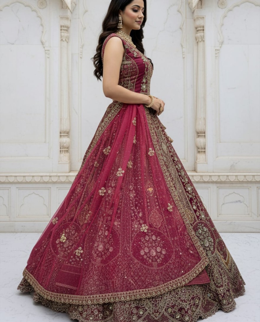 Pink - Metalic Pink Embroidery on Vibrant Color Designer Partywear Lehengacholi 