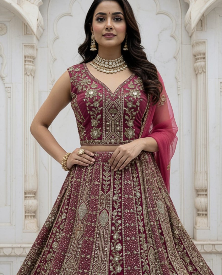 Pink - Metalic Pink Embroidery on Vibrant Color Designer Partywear Lehengacholi 