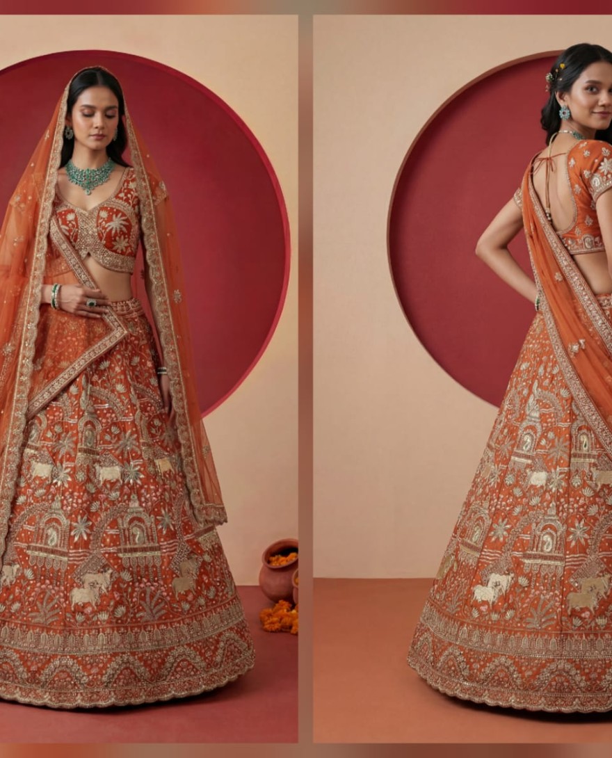 ORANGE - Exclusive Orange Figure Embroidered Designer Bridal Lehenga Choli