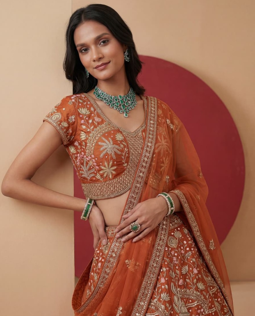 ORANGE - Exclusive Orange Figure Embroidered Designer Bridal Lehenga Choli