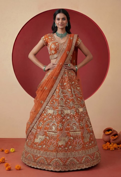 Exclusive Orange Figure Embroidered Designer Bridal Lehenga Choli