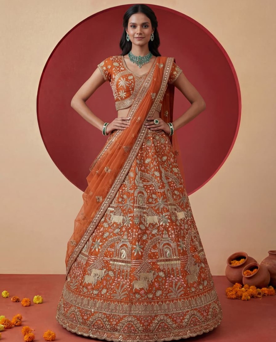 ORANGE - Exclusive Orange Figure Embroidered Designer Bridal Lehenga Choli