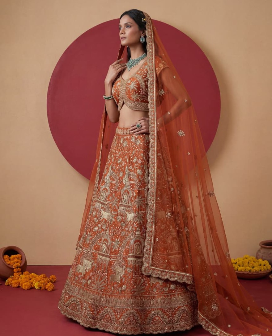 ORANGE - Exclusive Orange Figure Embroidered Designer Bridal Lehenga Choli