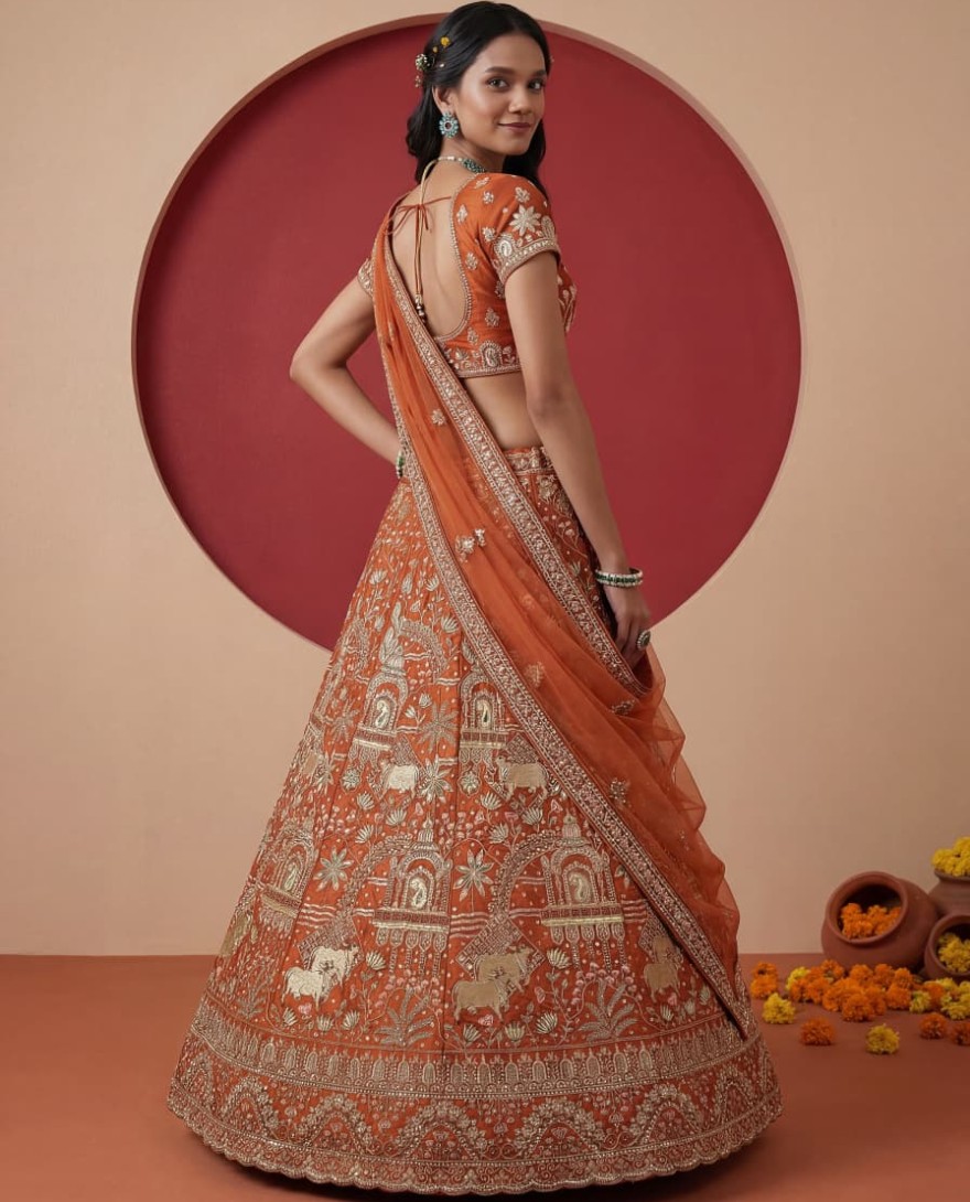 ORANGE - Exclusive Orange Figure Embroidered Designer Bridal Lehenga Choli