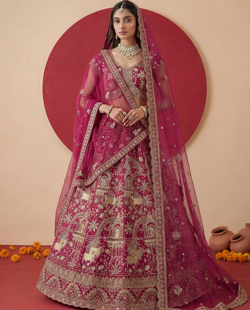 PINK - Exclusive Pink Figure Embroidered Designer Bridal Lehenga Choli