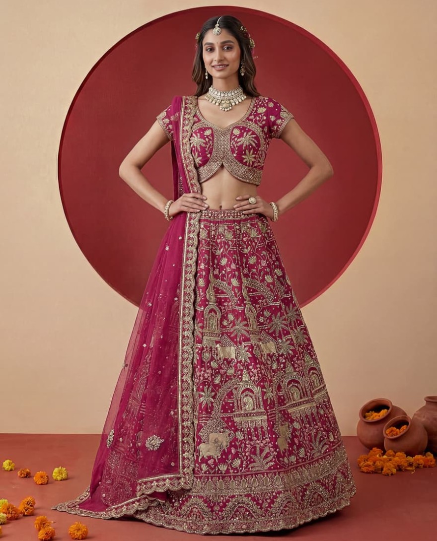 PINK - Exclusive Pink Figure Embroidered Designer Bridal Lehenga Choli