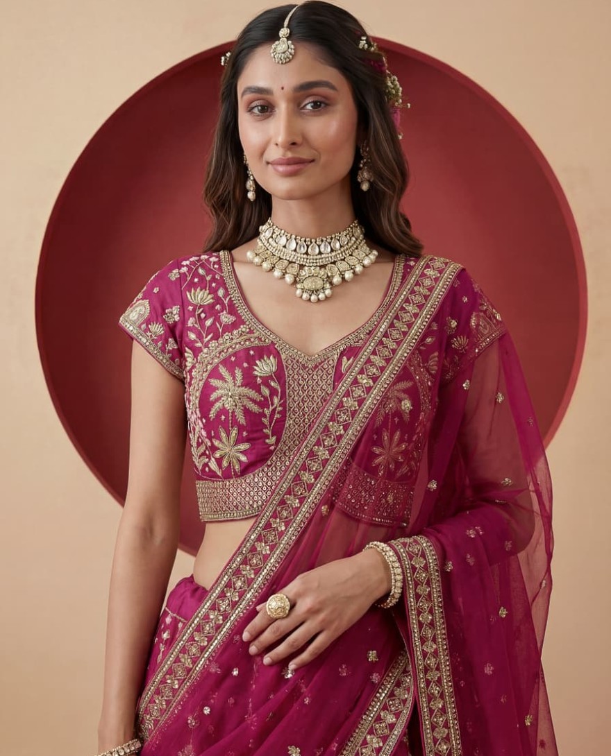 PINK - Exclusive Pink Figure Embroidered Designer Bridal Lehenga Choli