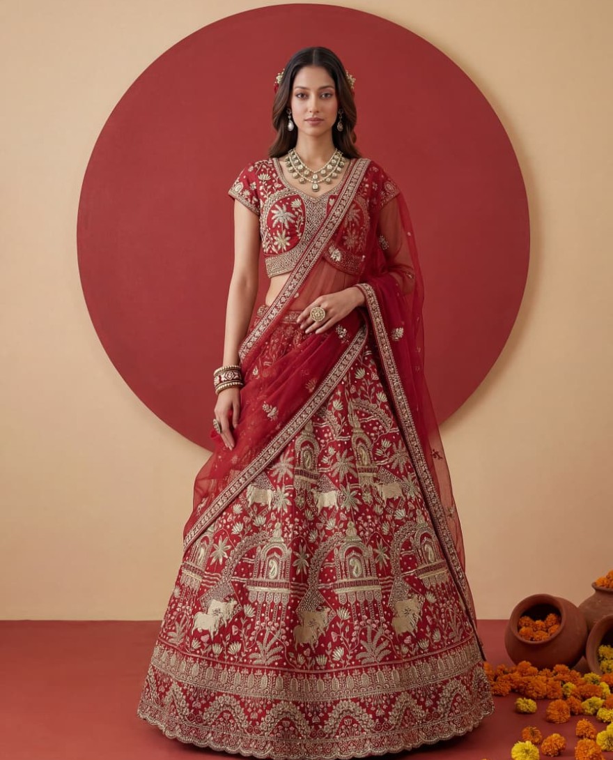 RED - Exclusive Red Figure Embroidered Designer Bridal Lehenga Choli