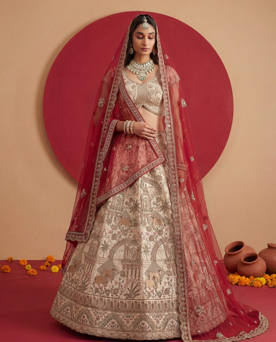 WHITE - Exclusive white Figure Embroidered Designer Bridal Lehenga Choli