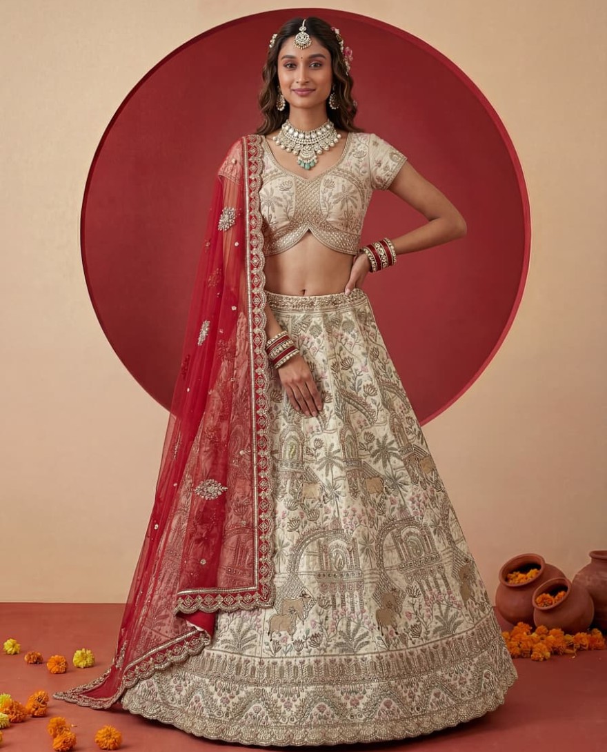 WHITE - Exclusive white Figure Embroidered Designer Bridal Lehenga Choli