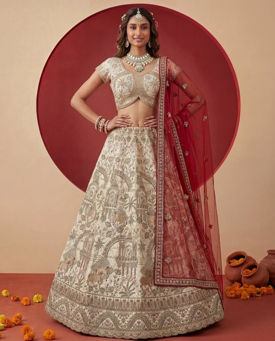 WHITE - Exclusive white Figure Embroidered Designer Bridal Lehenga Choli