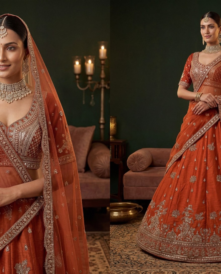 ORANGE - Royal Orange Dori Work Silk Bridal Lehenga Choli With Double Dupatta