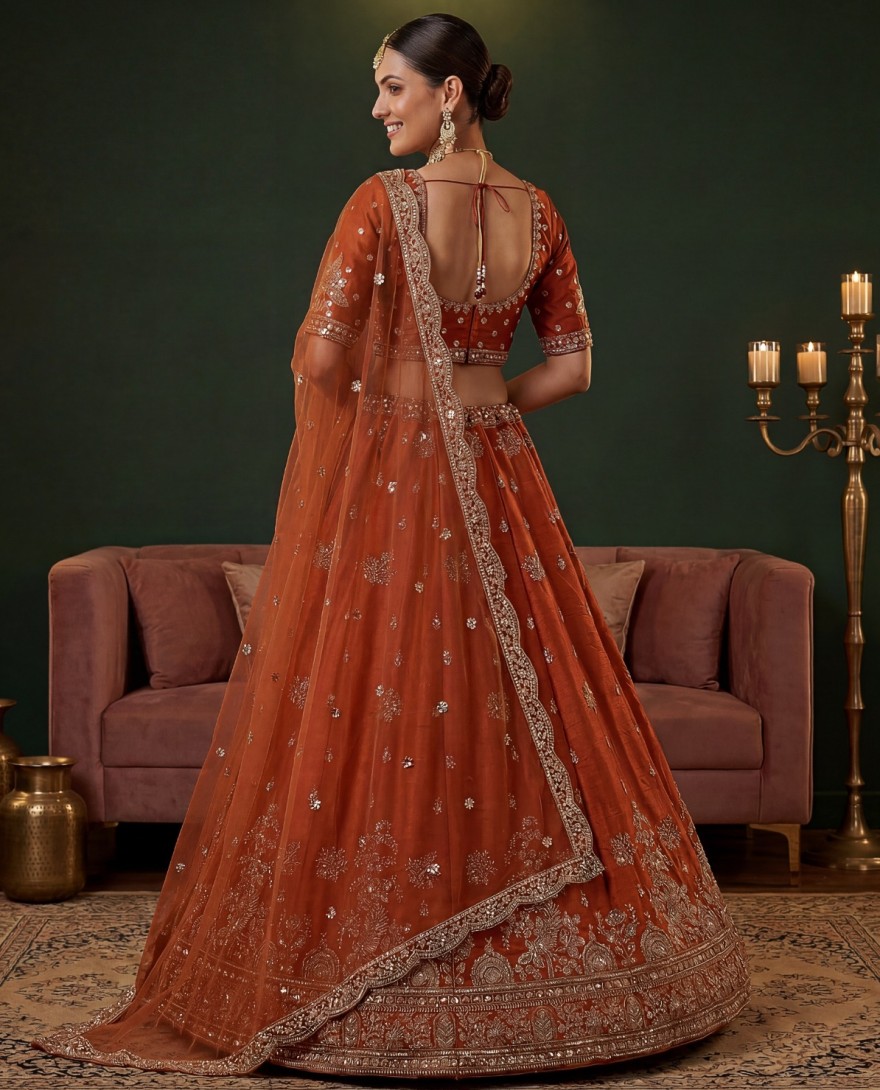 ORANGE - Royal Orange Dori Work Silk Bridal Lehenga Choli With Double Dupatta