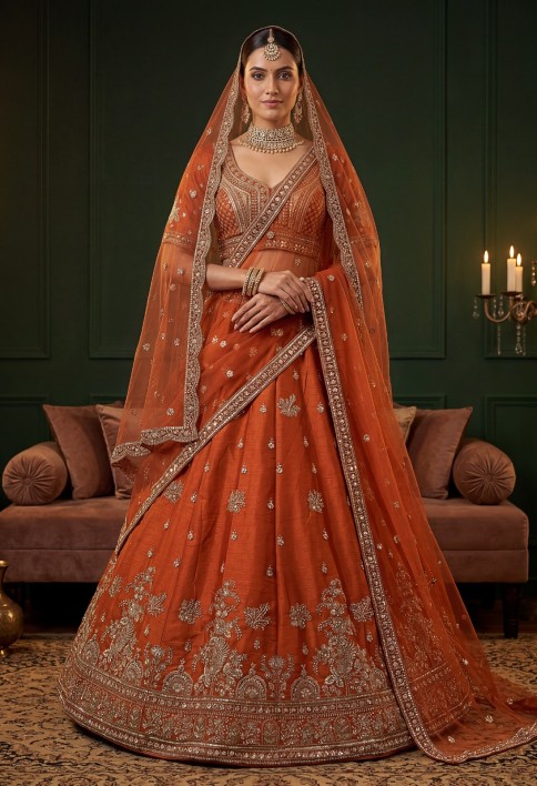 Royal Orange Dori Work Silk Bridal Lehenga Choli With Double Dupatta