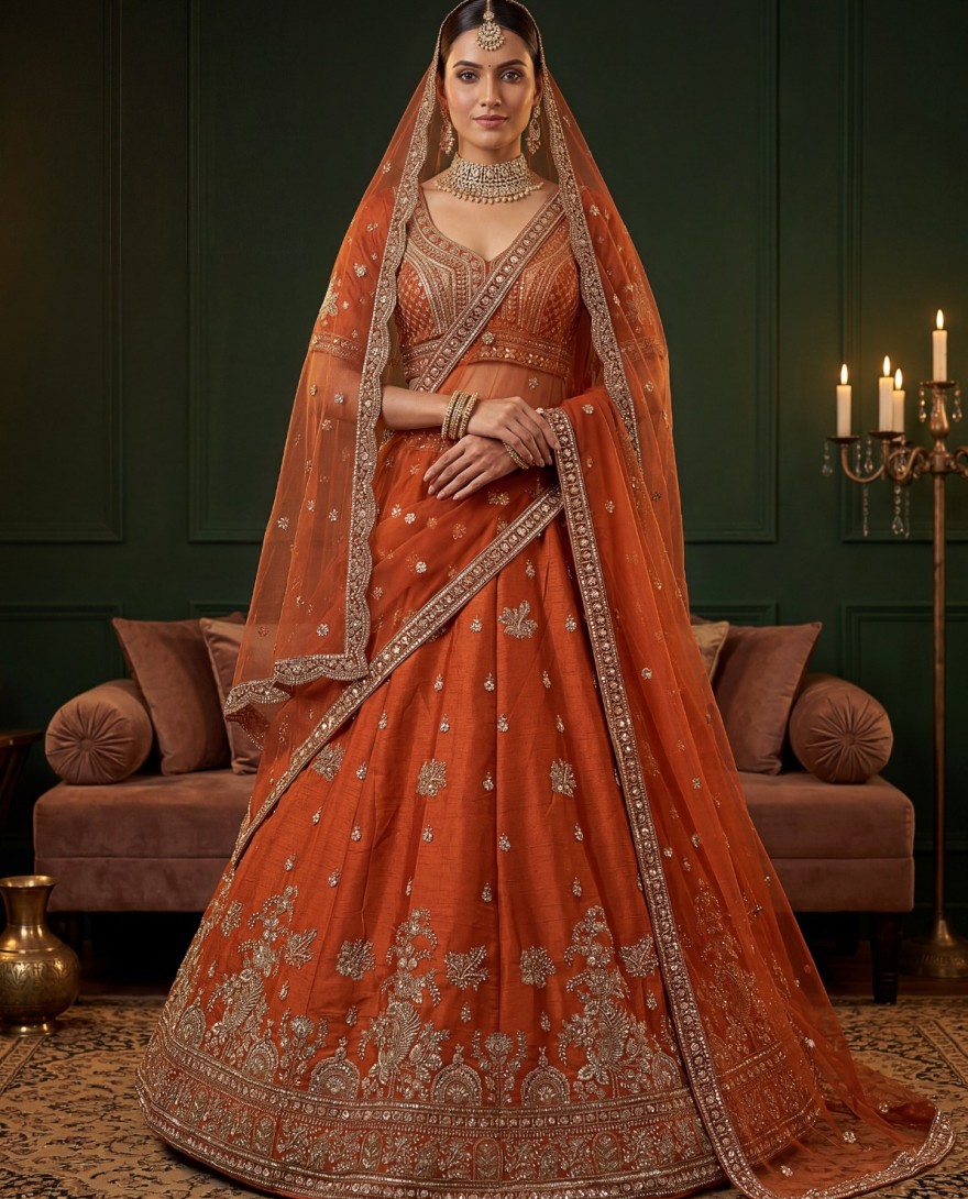 ORANGE - Royal Orange Dori Work Silk Bridal Lehenga Choli With Double Dupatta