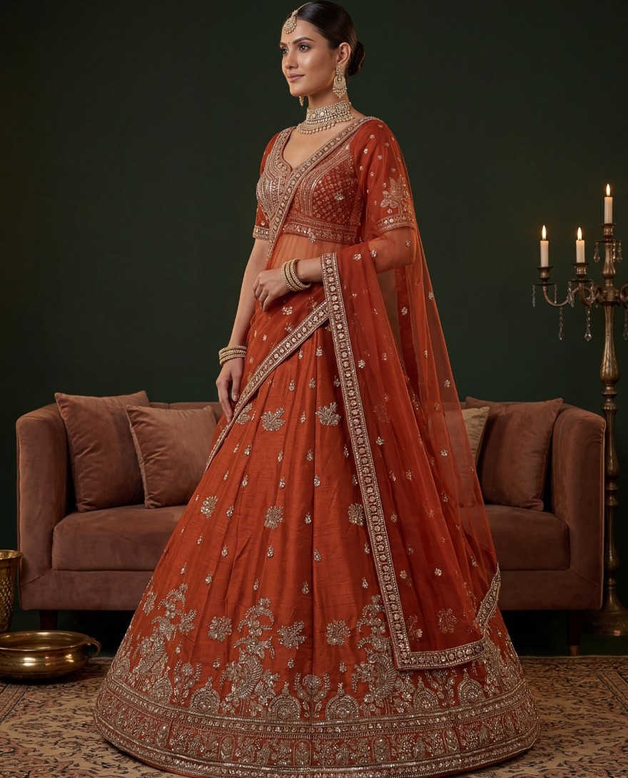 ORANGE - Royal Orange Dori Work Silk Bridal Lehenga Choli With Double Dupatta