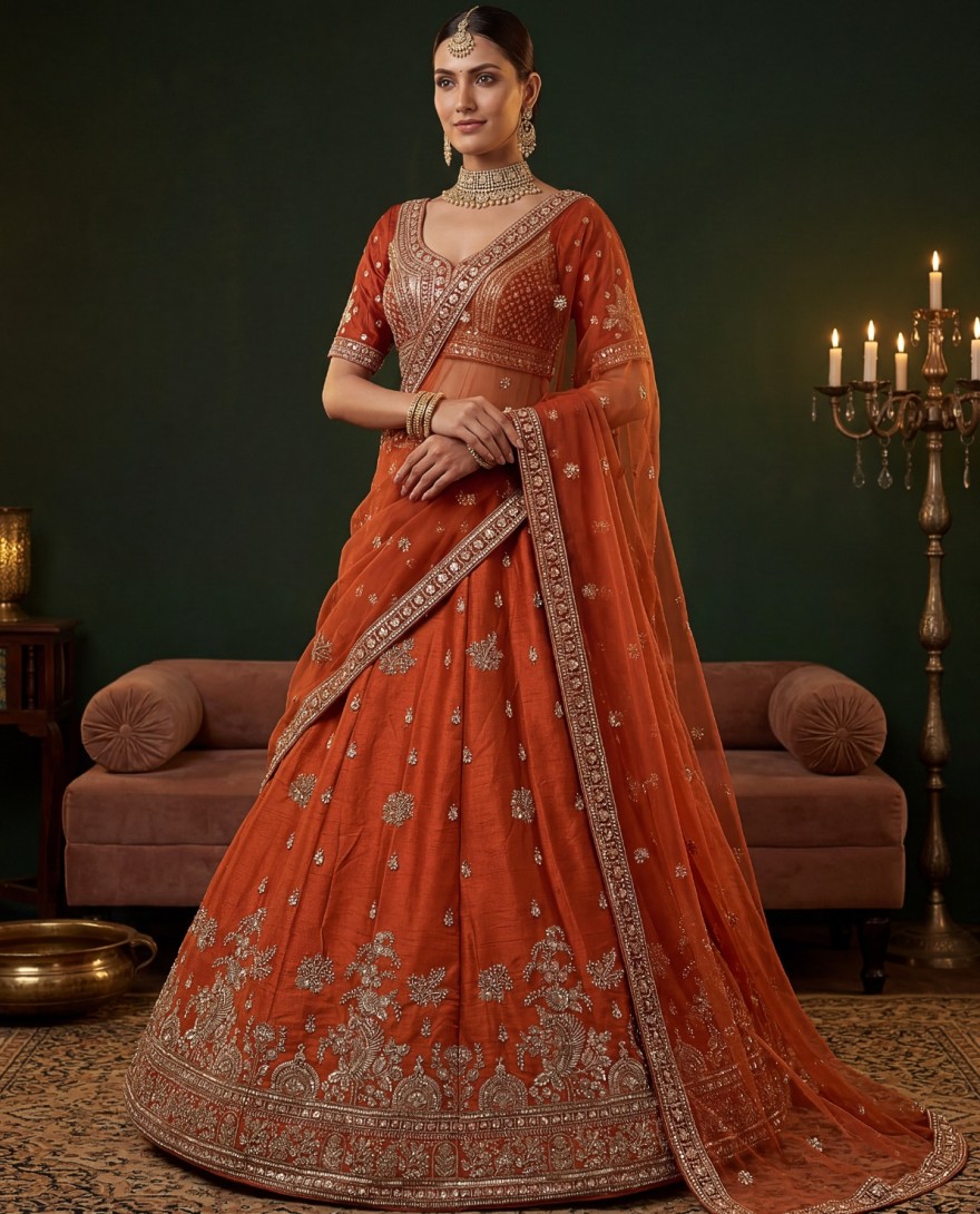 ORANGE - Royal Orange Dori Work Silk Bridal Lehenga Choli With Double Dupatta