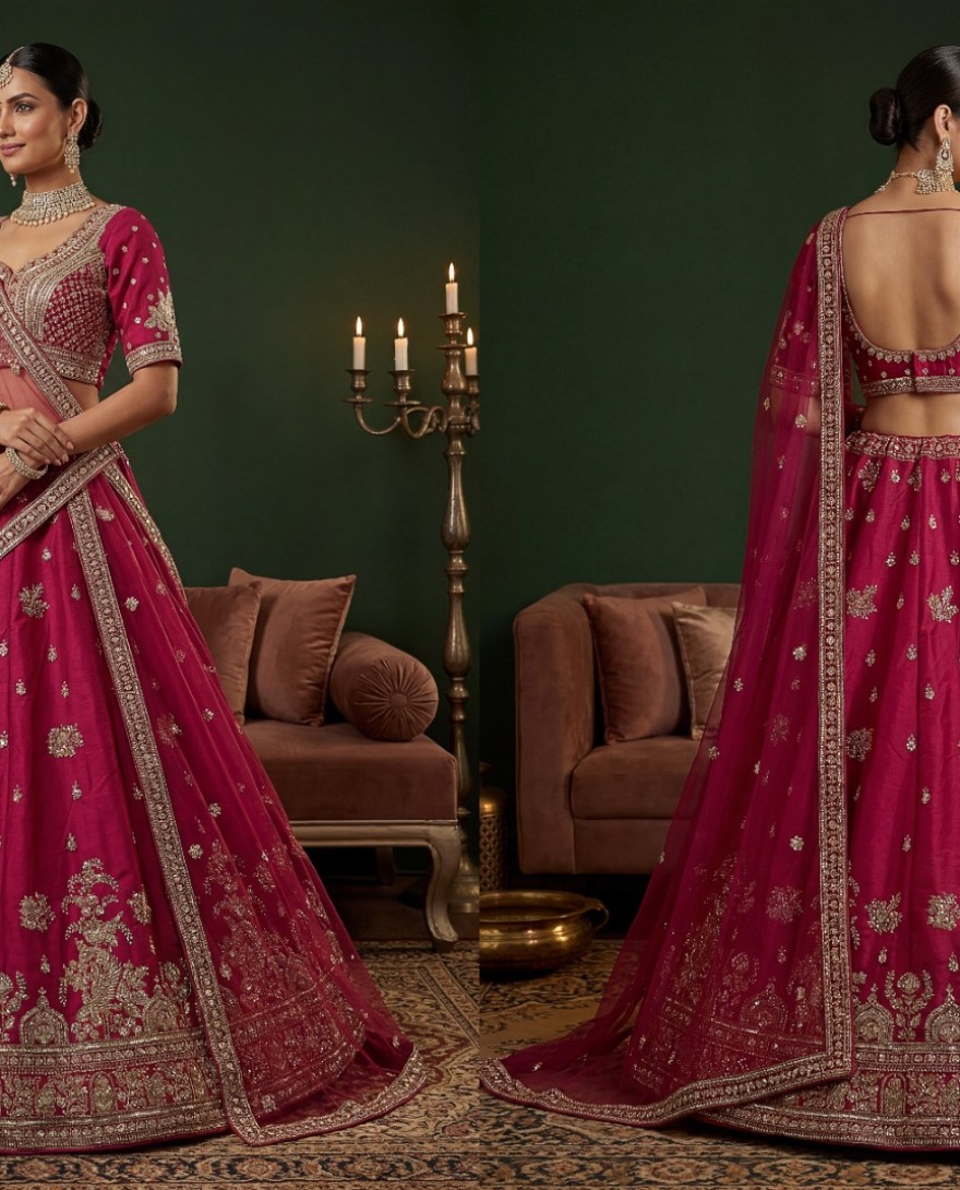 PINK - Alluring Rani Pink Silk Bridal Lehenga Choli With Double Dupatta