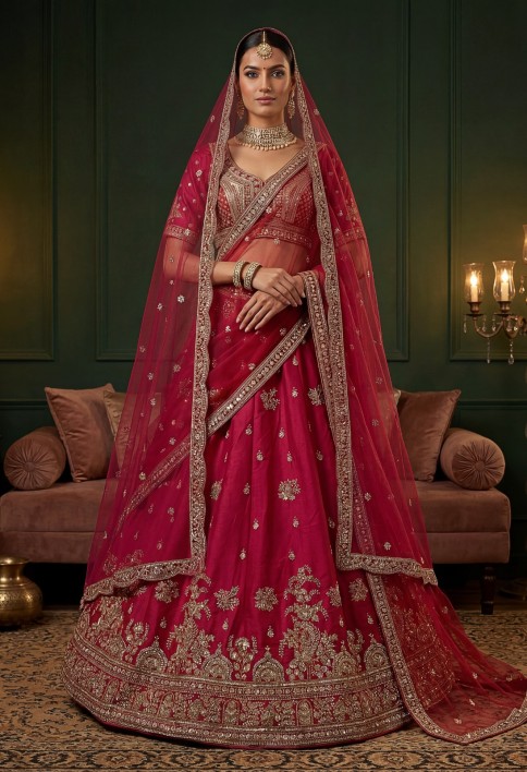 Alluring Rani Pink Silk Bridal Lehenga Choli With Double Dupatta
