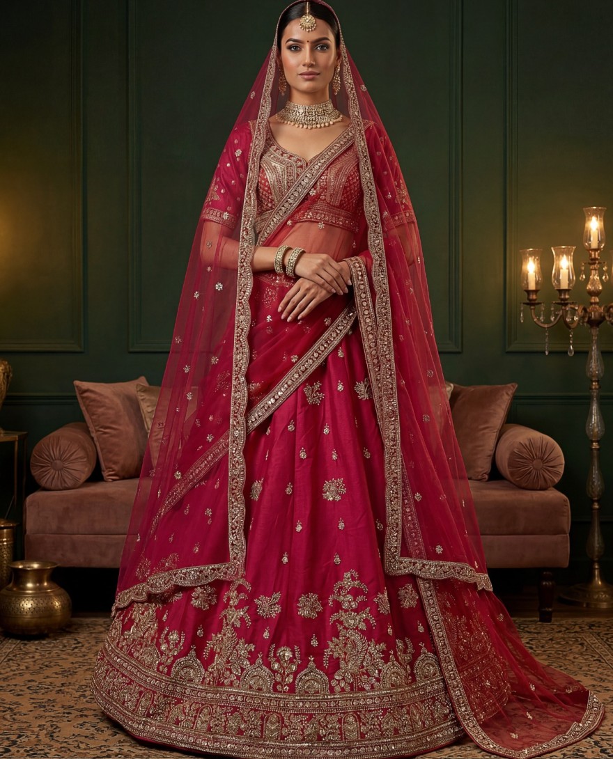 PINK - Alluring Rani Pink Silk Bridal Lehenga Choli With Double Dupatta