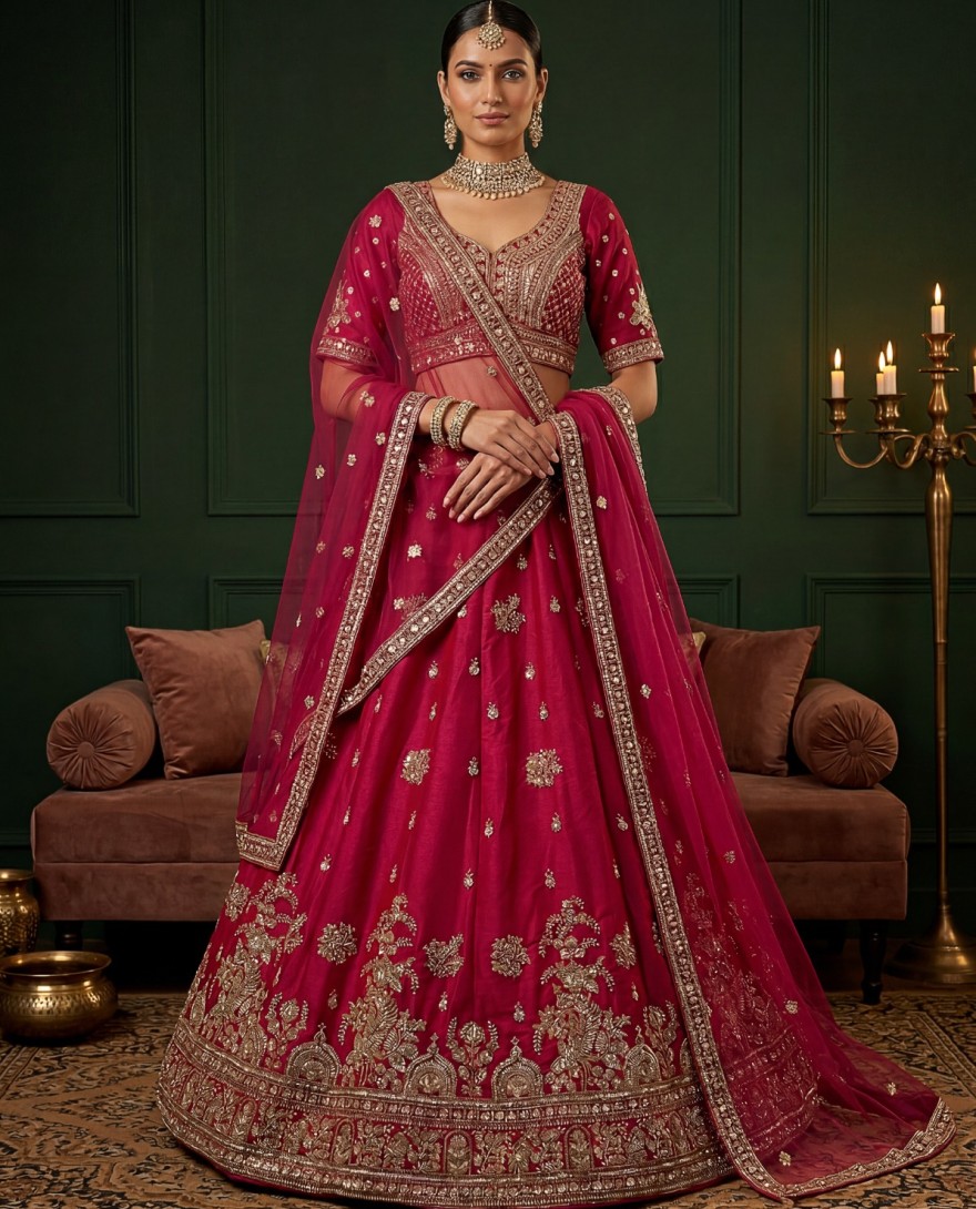 PINK - Alluring Rani Pink Silk Bridal Lehenga Choli With Double Dupatta