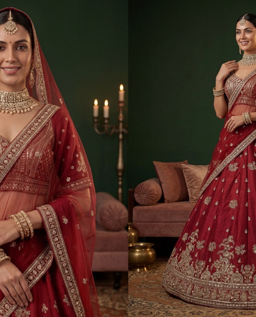 RED - Appealing Red Bead Work Silk Bridal Lehenga Choli With Double Dupatta