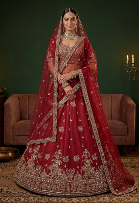 Appealing Red Bead Work Silk Bridal Lehenga Choli With Double Dupatta