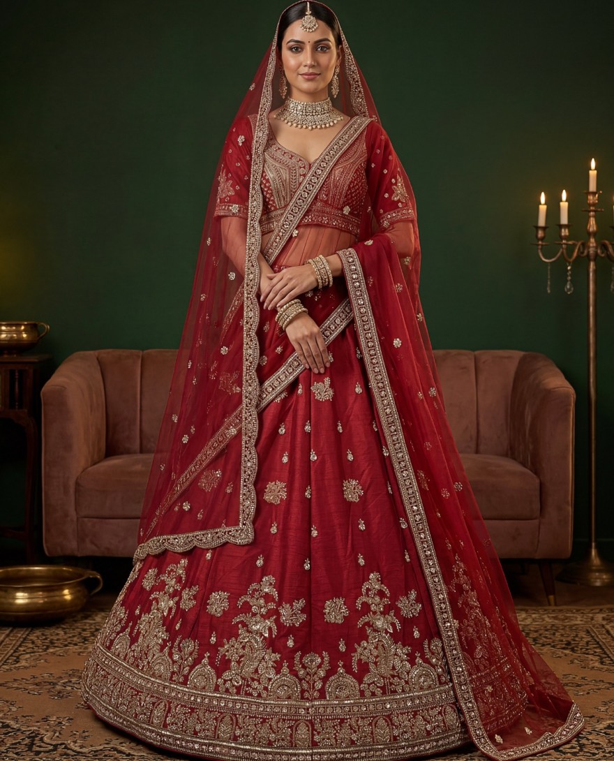 RED - Appealing Red Bead Work Silk Bridal Lehenga Choli With Double Dupatta