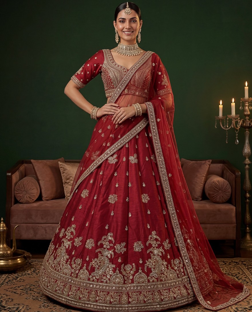 RED - Appealing Red Bead Work Silk Bridal Lehenga Choli With Double Dupatta